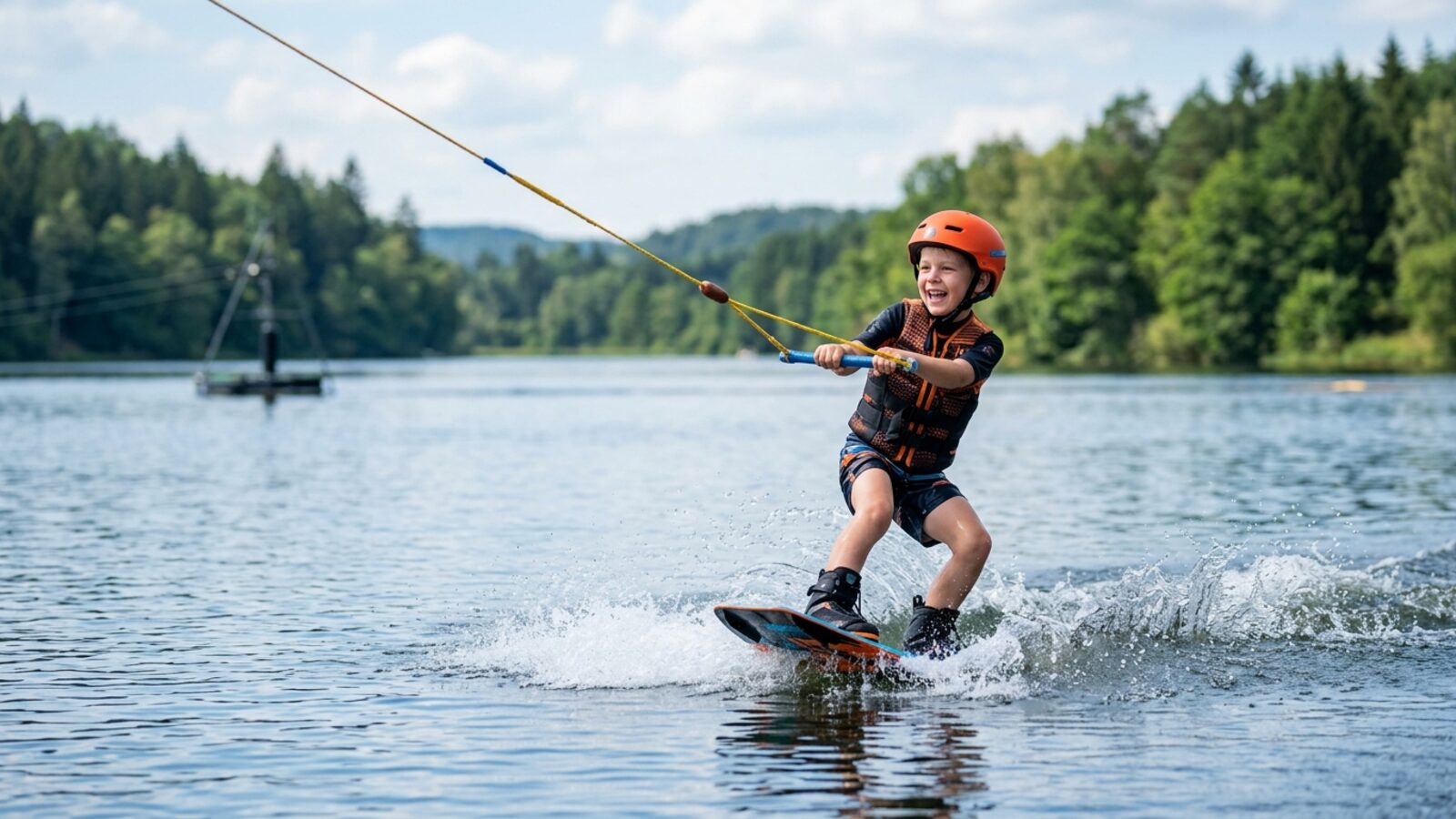 Un enfant casqué et en gilet d'impact tracté en wakeboard sur un lac calme
