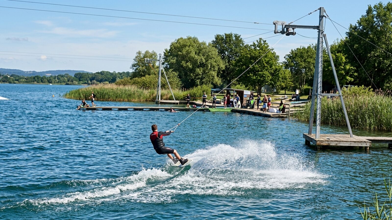 Un téléski nautique en action, câble aérien soutenu par des pylônes, un rider tracté en wakeboard dans un virage