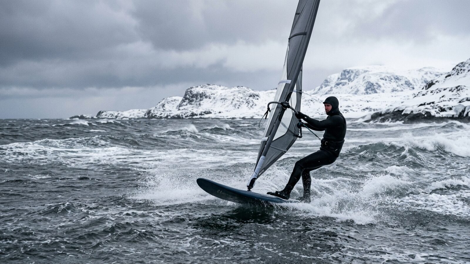 Un windsurfeur en combinaison intégrale avec cagoule et gants navigue sur une mer grise, côte enneigée au loin