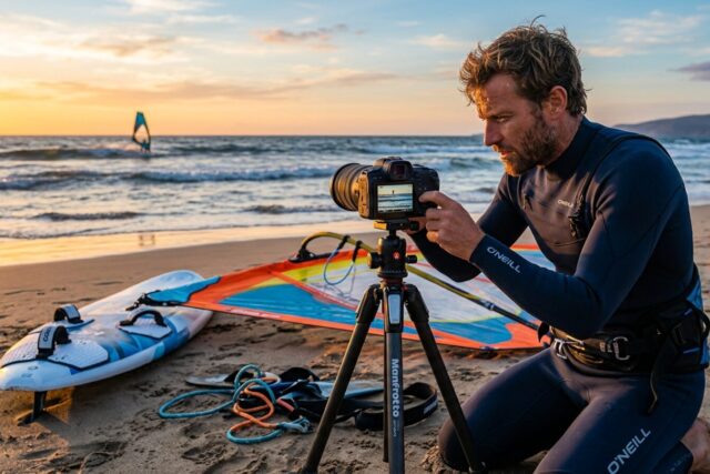 Un pratiquant en combinaison règle un appareil photo sur trépied face à la mer, sa planche et sa voile posées sur le sable derrière lui