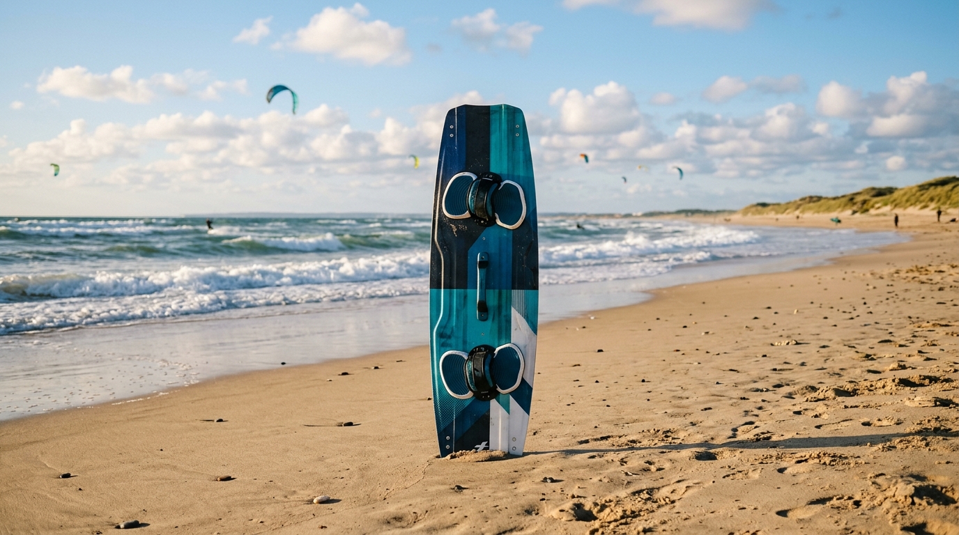 Planche de kitesurf twin-tip posée sur une plage de sable face à l'océan