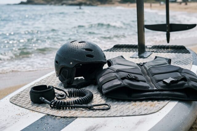 Casque nautique perforé, gilet d'impact et leash posés sur une planche de wingfoil retournée