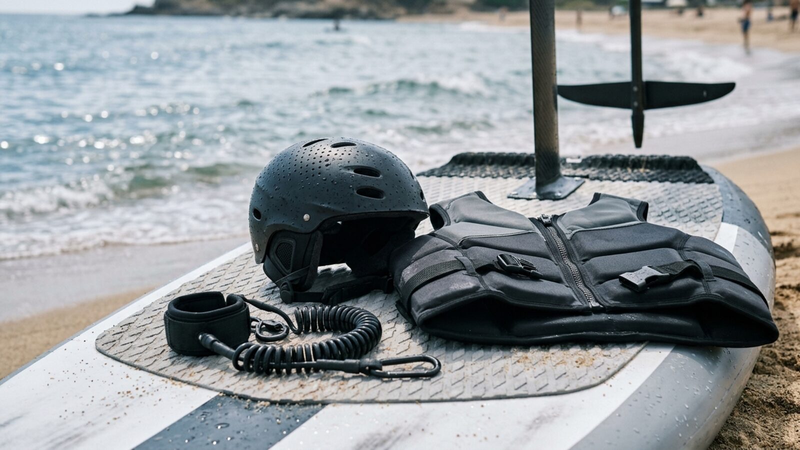 Casque nautique perforé, gilet d'impact et leash posés sur une planche de wingfoil retournée
