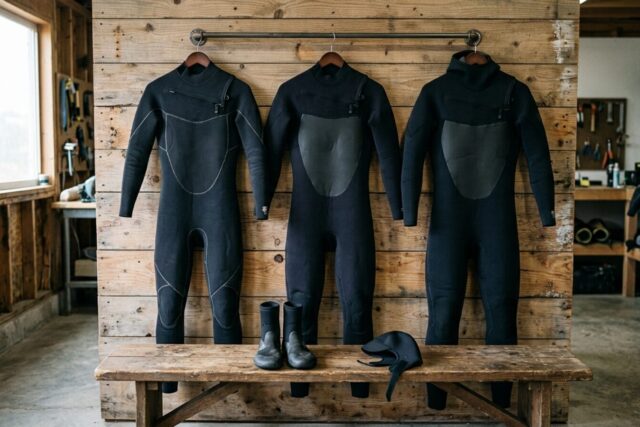 Trois combinaisons de surf en néoprène d'épaisseurs différentes suspendues sur des cintres, une paire de chaussons et une cagoule posées sur un banc en dessous