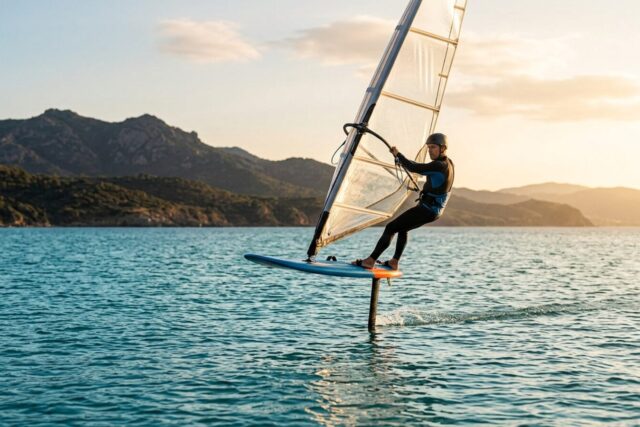Un windfoiler en vol, planche entièrement sortie de l'eau, seul le mât du foil traversant la surface