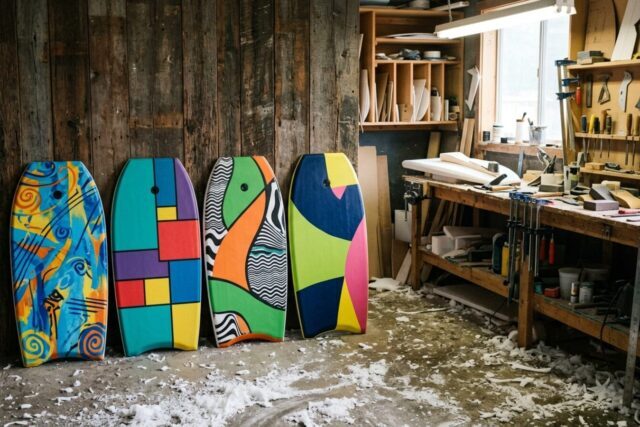 Quatre planches de bodyboard aux graphismes différents alignées debout contre un mur de bois dans un atelier de shaper, établi et outils en arrière-plan