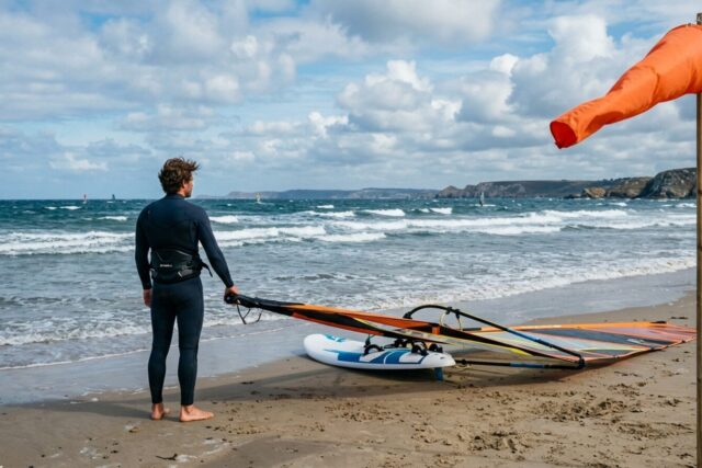 Un windsurfeur de dos évalue les conditions de vent avant sa session, gréement posé à côté de lui