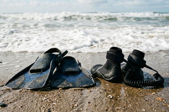Une paire de palmes de bodyboard courtes et larges posées sur le sable mouillé à côté de chaussons néoprène et de leurs attaches de cheville