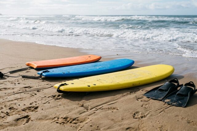 Trois planches de bodyboard de longueurs croissantes posées côte à côte sur le sable mouillé, une paire de palmes courtes à côté, vagues à l'arrière-plan