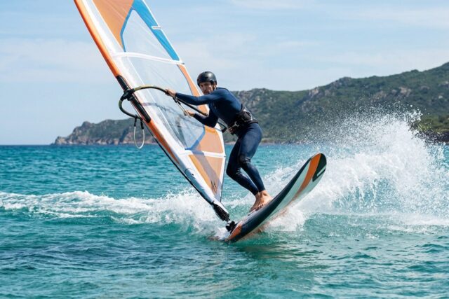 Un windsurfeur en plein empannage, planche inclinée sur son rail et voile en train de basculer