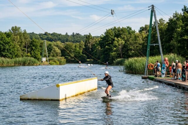 Un rider en wakeboard tracté par le câble aérien d'un téléski nautique passe devant un module rail, plan d'eau bordé d'arbres, pratiquants qui attendent sur le ponton