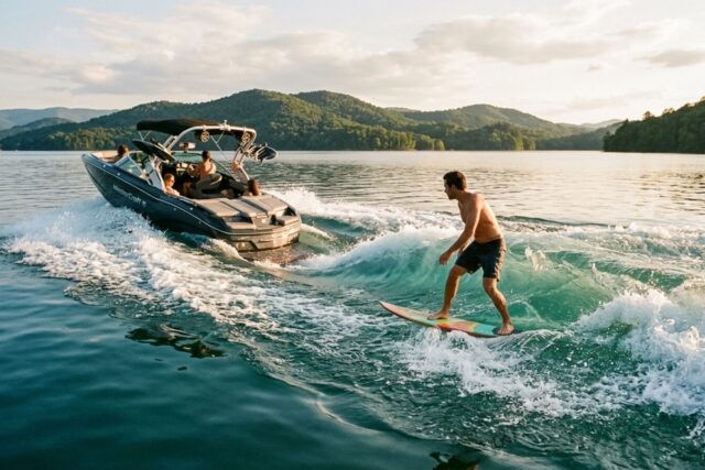 Un pratiquant de wakesurf debout pieds nus sur une planche courte, sans corde, dans la vague creusée par un bateau inboard qui gîte, à quelques mètres de la poupe