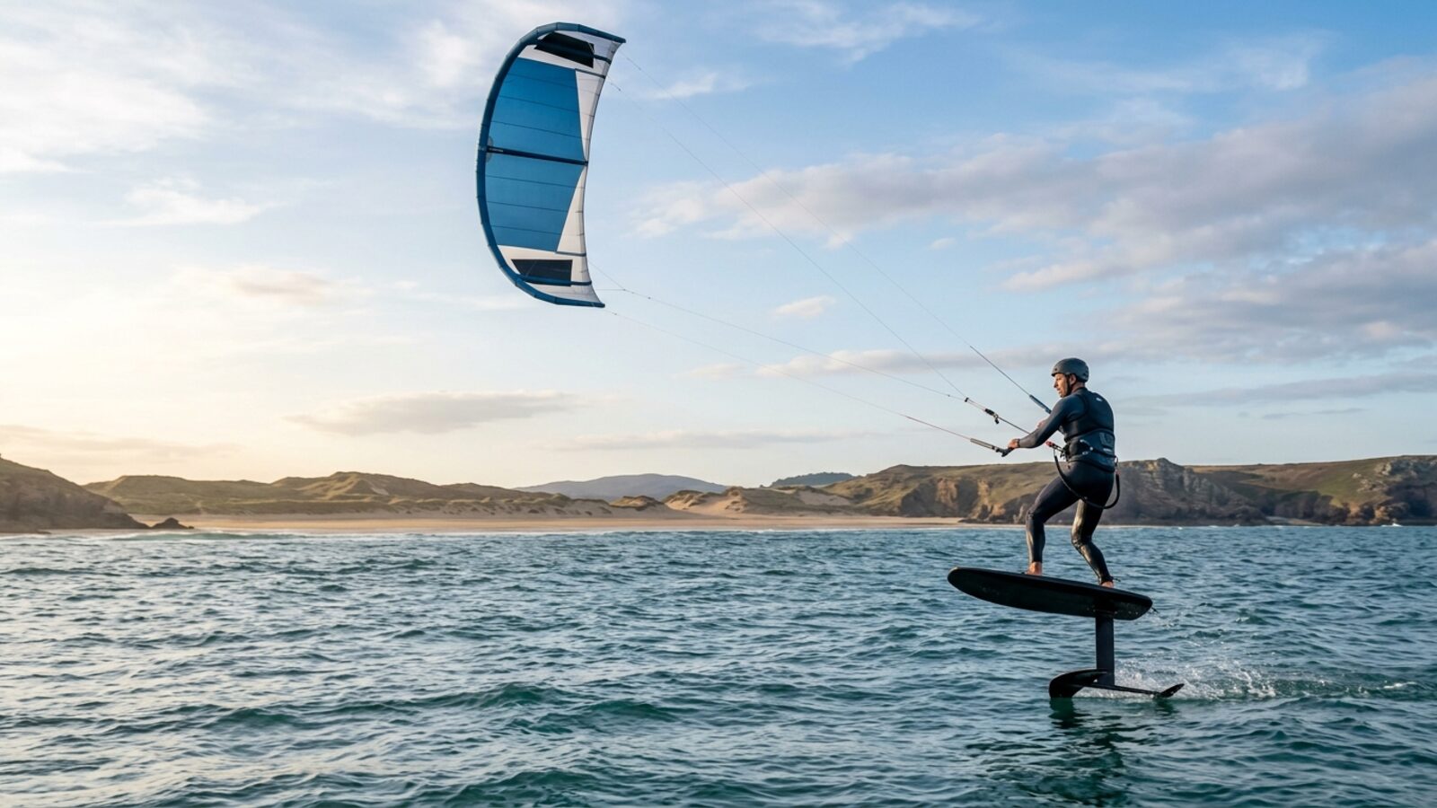 Un kitefoiler vole au-dessus de l'eau sur sa planche à foil, tracté par une grande aile de kitesurf bleue et blanche